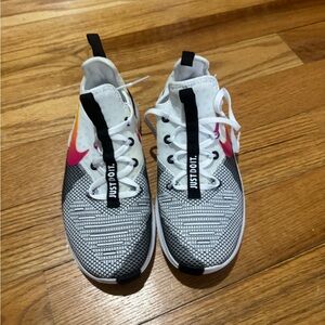 Nike Women's White Black Gradient Athletic Shoes with Pink and Yellow Swoosh